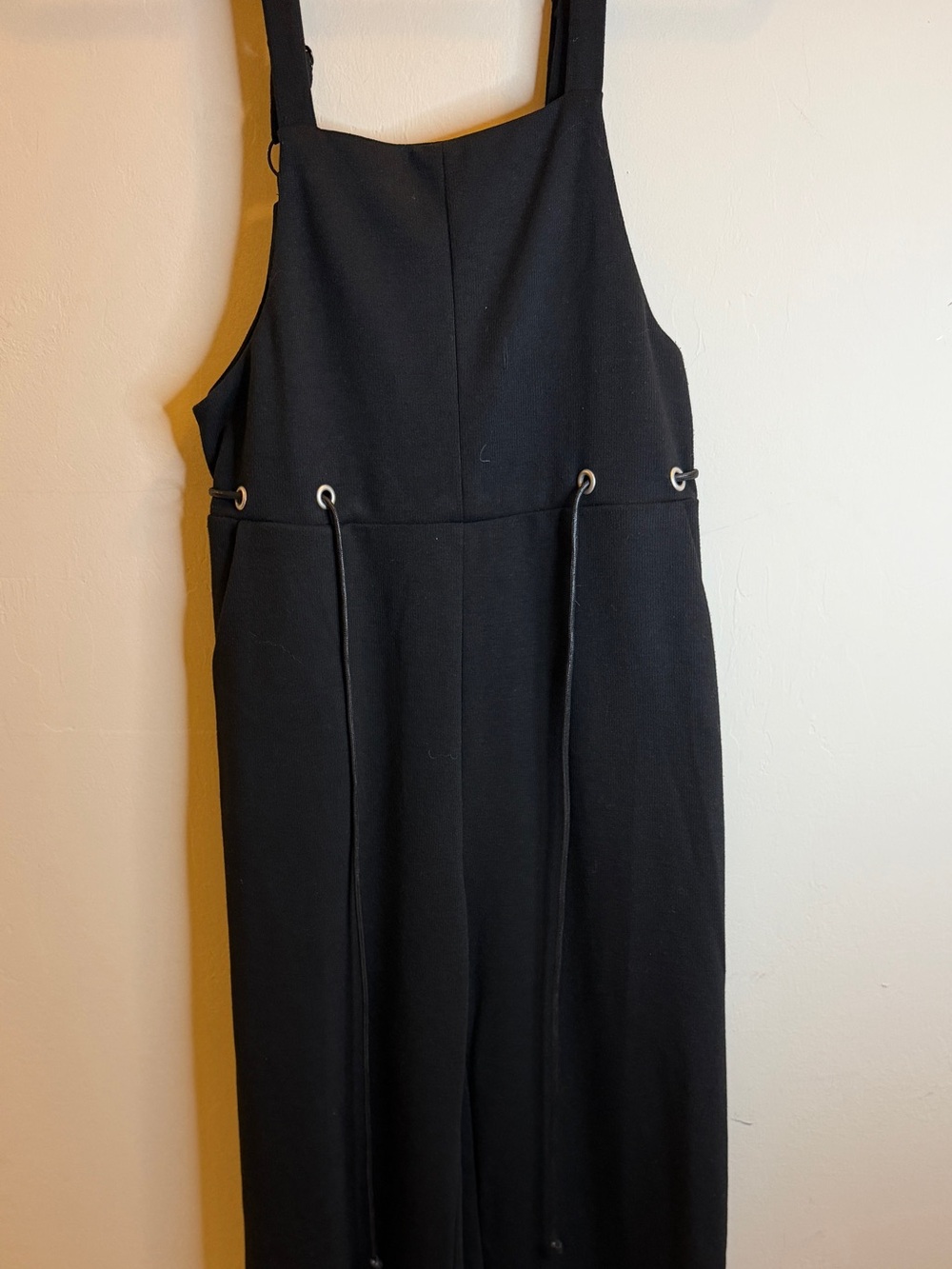 Sage Black Midi Pinafore Dress with Drawstring Detail